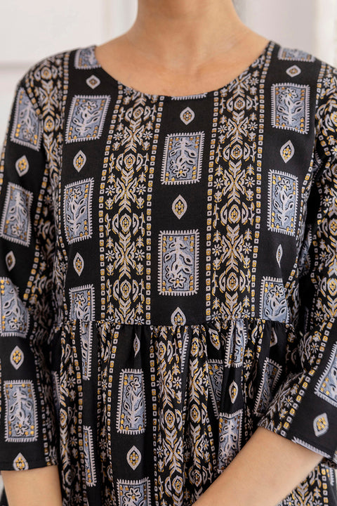 Women Black Ethnic Printed Flared Dress
