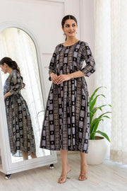 Women Black Ethnic Printed Flared Dress