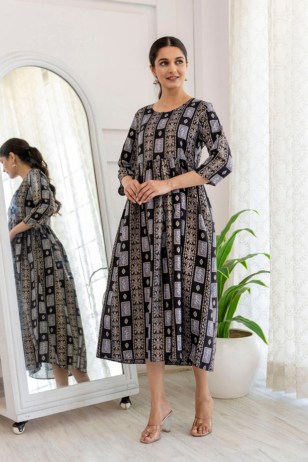 Women Black Ethnic Printed Flared Dress