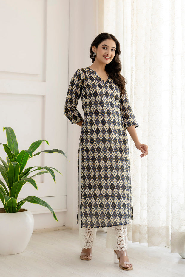 Women Grey Printed Straight Kurta with Three Quarter Sleeves