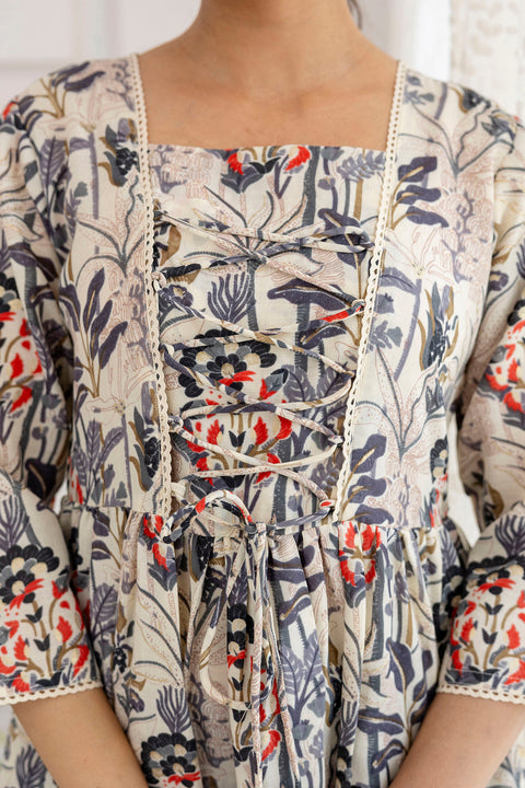 Women Off-White Printed V-Neck Peplum Top