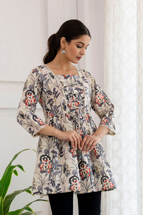 Women Off-White Printed V-Neck Peplum Top