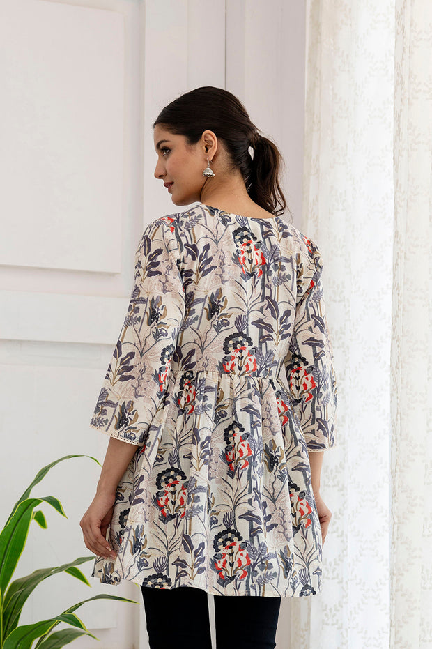 Women Off-White Printed V-Neck Peplum Top