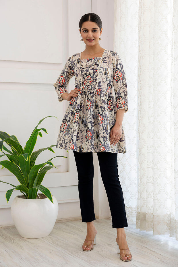Women Off-White Printed V-Neck Peplum Top