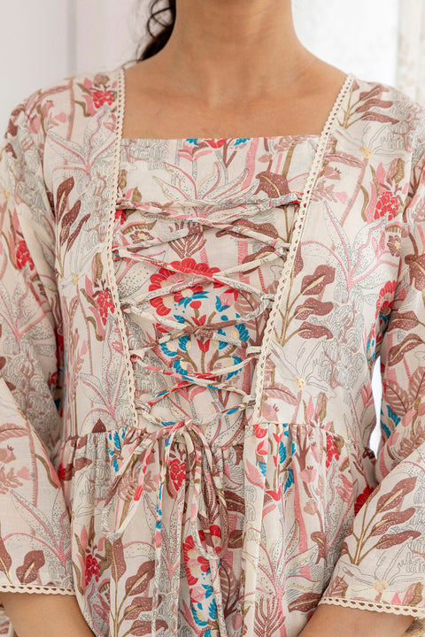 Women Off-White Printed V-Neck Peplum Top