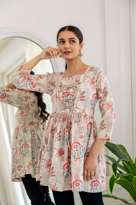 Women Off-White Printed V-Neck Peplum Top