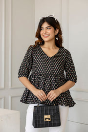 Women Black Printed V-Neck Peplum Top