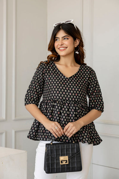 Women Black Printed V-Neck Peplum Top