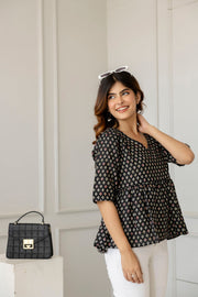 Women Black Printed V-Neck Peplum Top