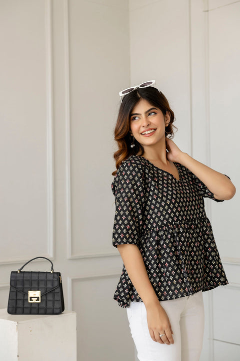 Women Black Printed V-Neck Peplum Top
