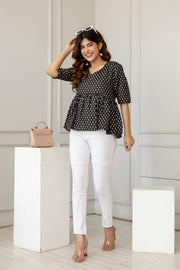 Women Black Printed V-Neck Peplum Top