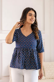 Women Navy Blue Printed V-Neck Peplum Top