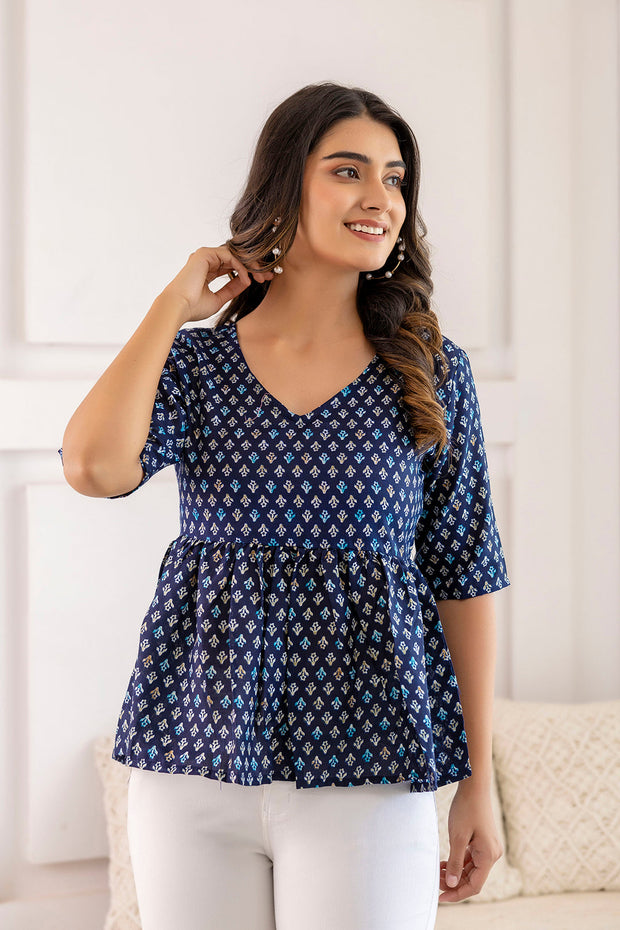 Women Navy Blue Printed V-Neck Peplum Top