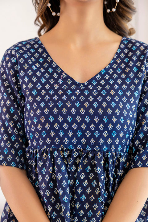 Women Navy Blue Printed V-Neck Peplum Top