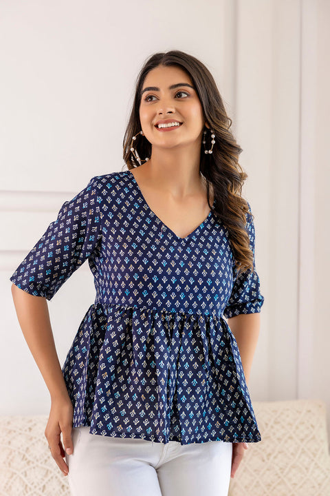 Women Navy Blue Printed V-Neck Peplum Top