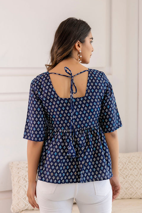 Women Navy Blue Printed V-Neck Peplum Top