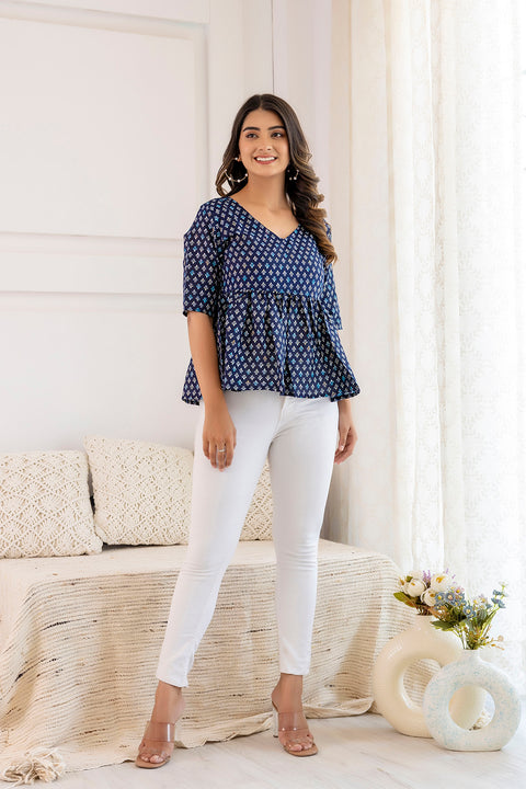 Women Navy Blue Printed V-Neck Peplum Top