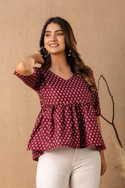 Women Burgundy Printed V-Neck Peplum Top