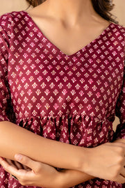 Women Burgundy Printed V-Neck Peplum Top