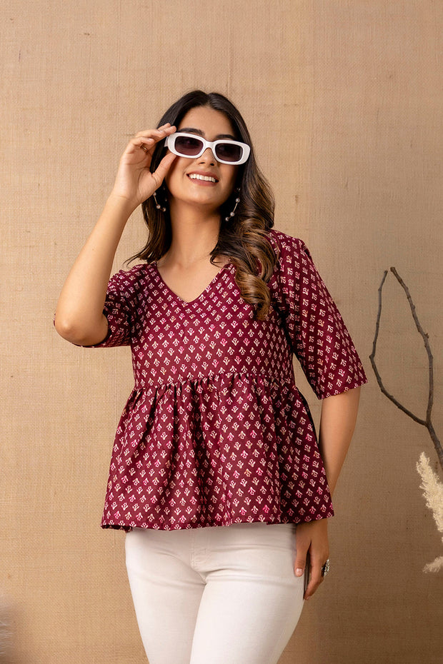 Women Burgundy Printed V-Neck Peplum Top