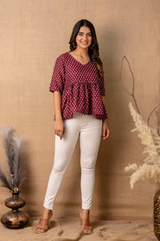 Women Burgundy Printed V-Neck Peplum Top