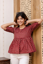 Women Maroon Printed V-Neck Peplum Top