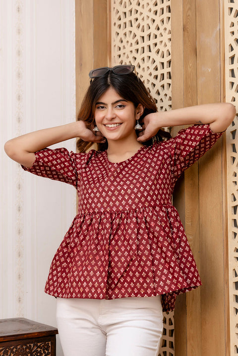 Women Maroon Printed V-Neck Peplum Top