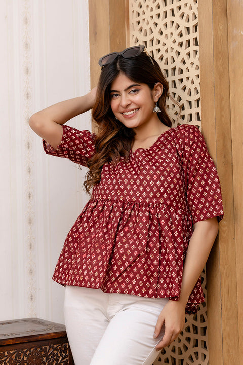 Women Maroon Printed V-Neck Peplum Top
