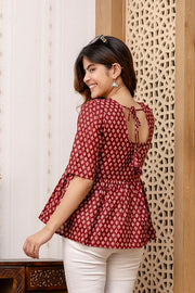 Women Maroon Printed V-Neck Peplum Top