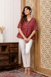 Women Maroon Printed V-Neck Peplum Top