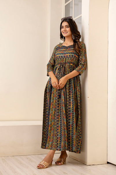 Women Black Ethnic Printed Flared Dress