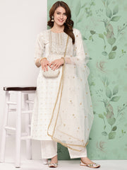 Women Off White Embroidered Straight Kurta With Palazzo And Net Dupatta