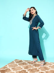 Women Teal Blue Embroidered Straight Kurta With Palazzo And Net Dupatta
