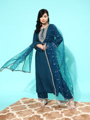 Women Teal Blue Embroidered Straight Kurta With Palazzo And Net Dupatta