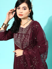Women Burgundy Embroidered Straight Kurta With Palazzo And Net Dupatta