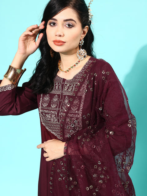 Women Burgundy Embroidered Straight Kurta With Palazzo And Net Dupatta