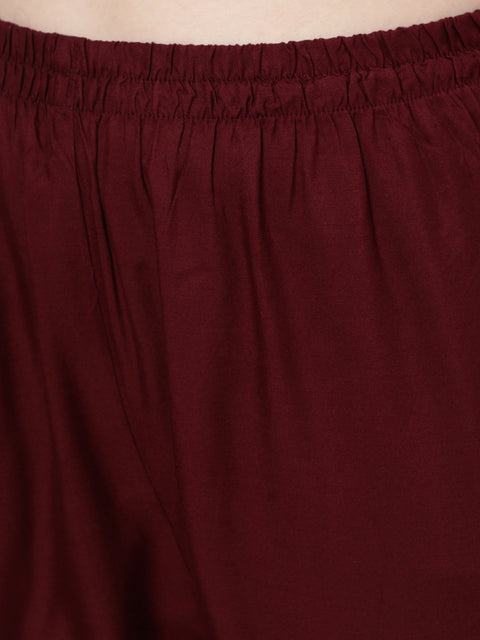 Women Burgundy Embroidered Straight Kurta With Palazzo And Net Dupatta