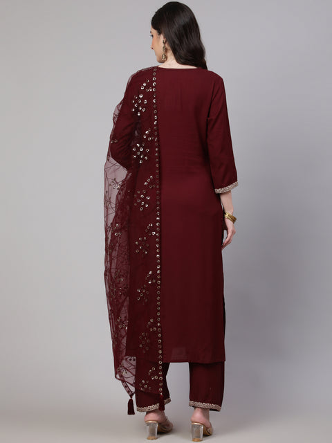 Women Burgundy Embroidered Straight Kurta With Palazzo And Net Dupatta