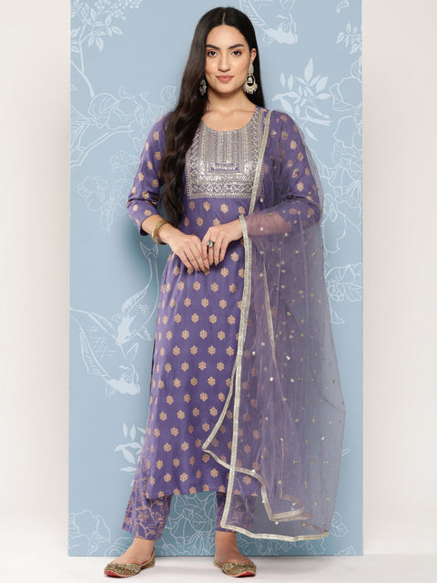 Women Purple Embroidered Straight Kurta With Palazzo And Net Dupatta