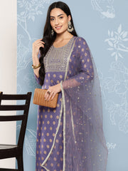 Women Purple Embroidered Straight Kurta With Palazzo And Net Dupatta