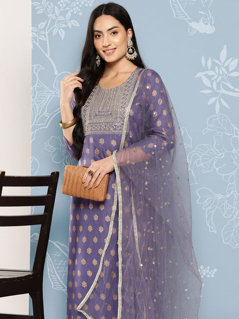 Women Purple Embroidered Straight Kurta With Palazzo And Net Dupatta