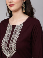 Women Dark Purple Embroidered Straight Kurta With Palazzo And Net Dupatta