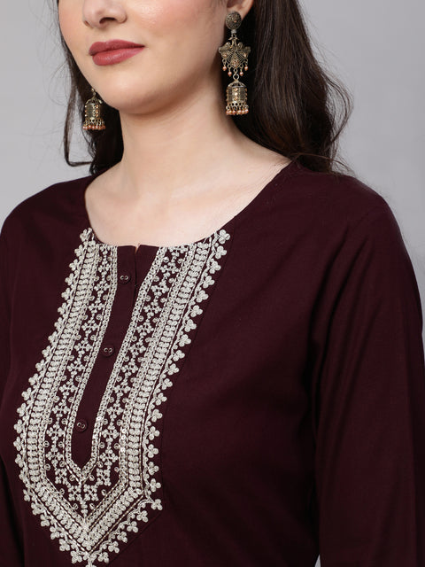 Women Dark Purple Embroidered Straight Kurta With Palazzo And Net Dupatta