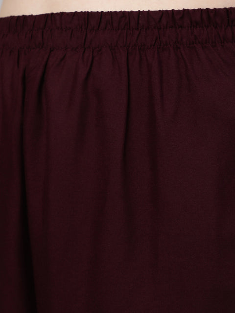 Women Dark Purple Embroidered Straight Kurta With Palazzo And Net Dupatta