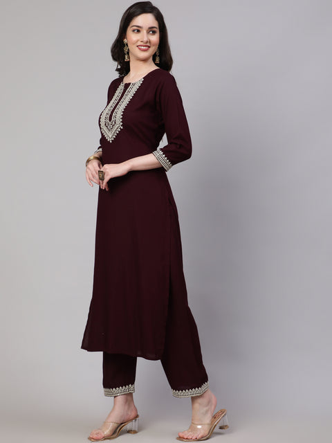 Women Dark Purple Embroidered Straight Kurta With Palazzo And Net Dupatta