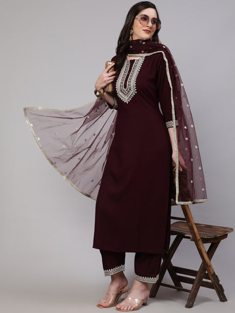 Women Dark Purple Embroidered Straight Kurta With Palazzo And Net Dupatta