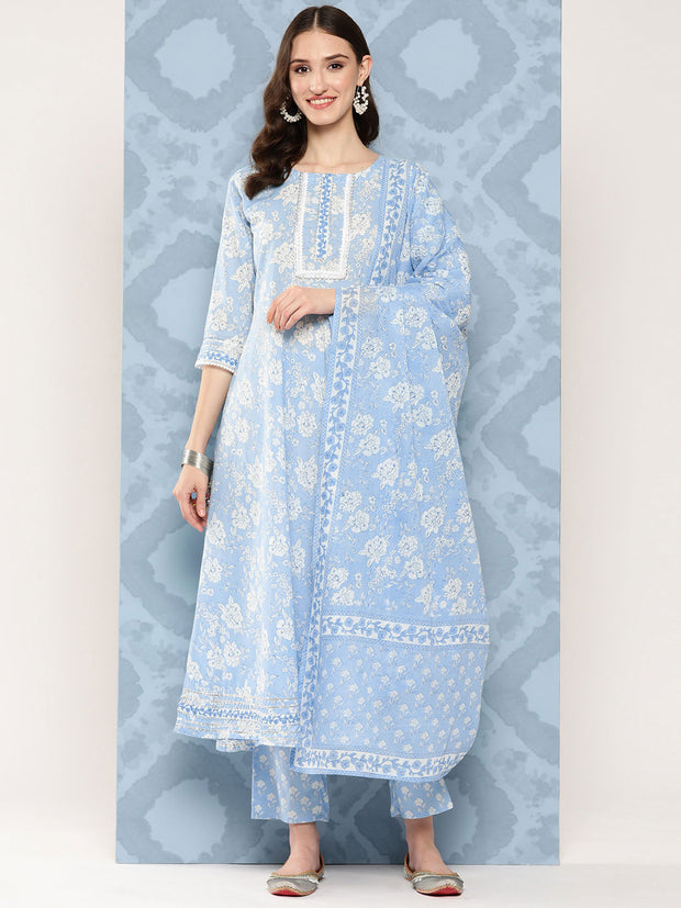 Women Blue Printed Flared Kurta And Trouser With Dupatta