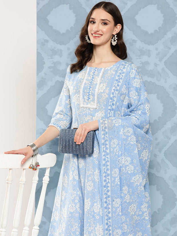 Women Blue Printed Flared Kurta And Trouser With Dupatta