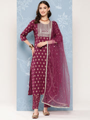 Women Burgundy Embroidered Straight Kurta With Palazzo And Net Dupatta