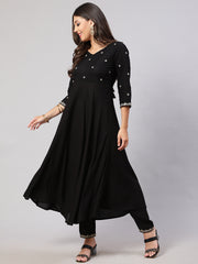 Women Black Embroidered Flared Kurta With Trouser And Net Dupatta